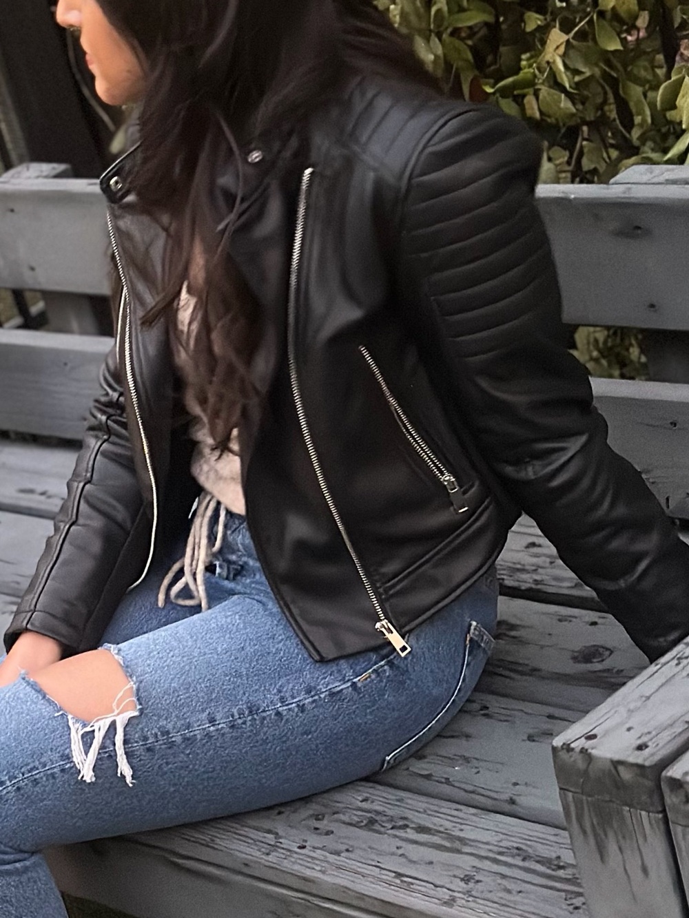 Zara Black Faux Leather Moto Jacket with Quilted Shoulders